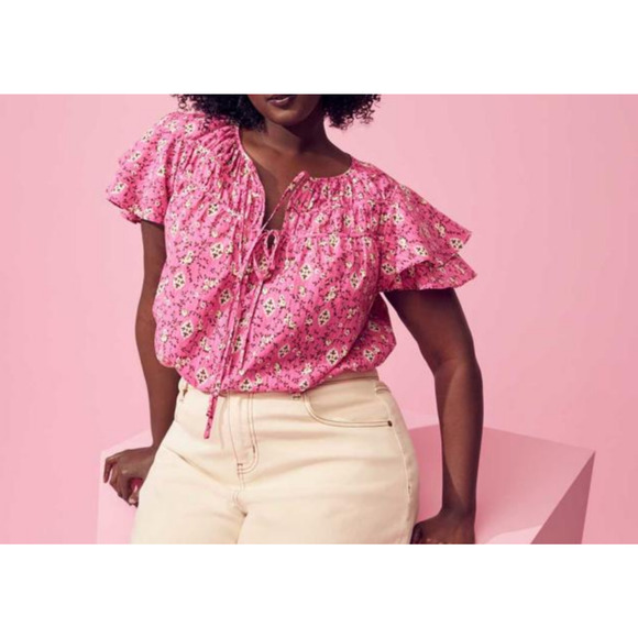 Lane Bryant Shirt Womens Plus Size 24 Pink Floral Flutter Sleeve Tie Neck Boho - Picture 1 of 15